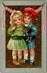 Happy New year, Girl and Boy Holding Cat Embossed Tuck 601 Postcard Y52