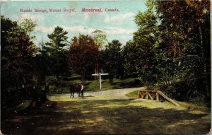 Postcard QC Montreal Man & Horse on Rustic Wooden Bridge in Mount Royal 1908 M65