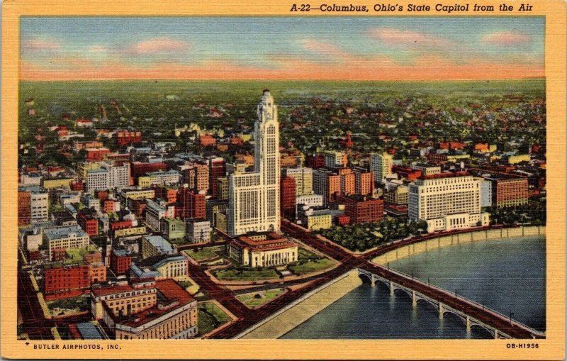 Columbus Ohio Scenic Birds Eye View City Skyline State Capitol Linen Postcard 