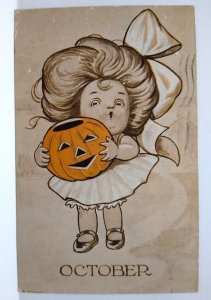 Halloween Postcard October Girl Holding JOL Pumpkin Artist Dodsworth AH Co.