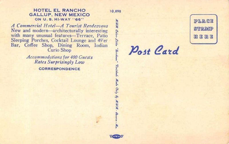 Gallup New Mexico Hotel El Rancho Linen Vintage Postcard AA40899