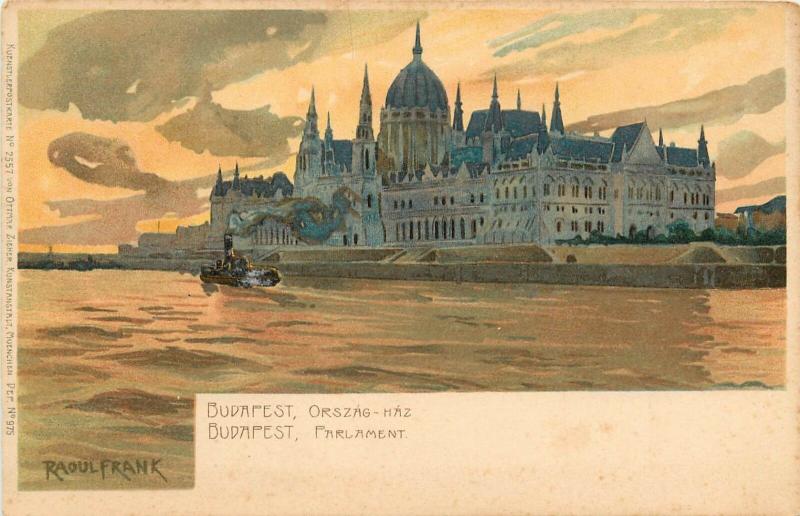 Chromograph Postcard Gruss Aus Style Sunset Budapest Parliament A/S Raoul Frank