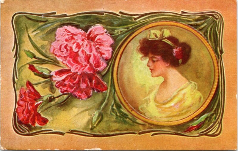 Postcard Greetings Portrait of Woman and Flowers