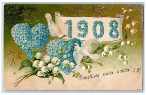 New Year Postcard Onnellista Uutta Vuotta 1908 Flowers Hearts Dove Finland