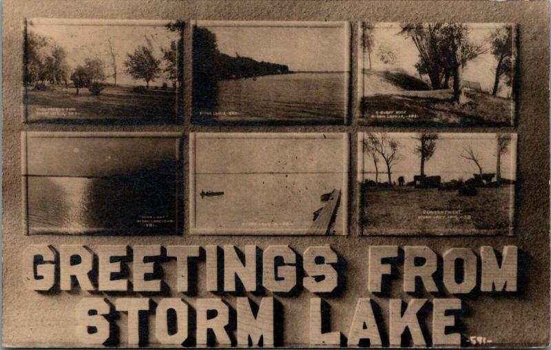 Storm Lake Iowa~Multi View Vignettes~Cows in the Water~Sunset~Dock~c1914 RPPC 