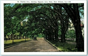 St Charles Ave showing Live Oaks New Orleans w Old Cars Postcard
