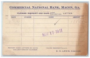 1911 Commercial National Bank Macon Georgia GA Posted Antique Postal Card