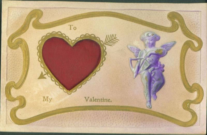 TO MY VALENTINE~SATIN HEART PILLOW~HEAVILY EMBOSSED CUPID POSTCARD c1910s