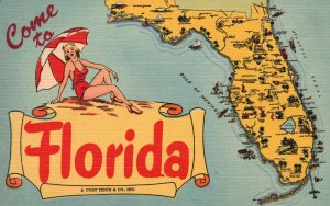 Vintage Postcard Come To Florida Map Ocean Beaches Comical Lady Swimsuit Fla. 