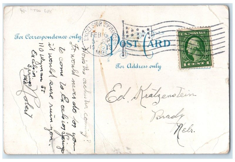 1913 Couple Romance Excelsior Springs Missouri MO Pennant Antique Postcard