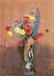 Redon. A vase of flowers Fine painting, modern French PC. Size 15 x 10,5 cms