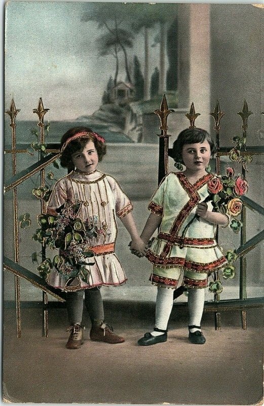 1914 Two Young Girls Real Photo Guilted Embossed Postcard 14-39 