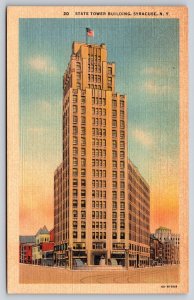 Syracuse New York~Front of State Tower Building~Vintage Linen Postcard