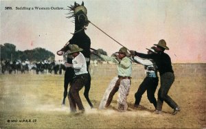 1910 U.P.R.R. Co. Postcard; Saddling a Western Outlaw, Blindfolded Bucking Horse