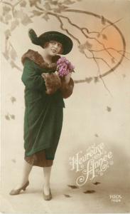 c1922 Hand-Colored French New Year RPPC Woman in Green Cocoon Coat, Rex 1464