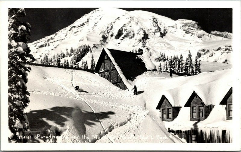 Vtg Paradise Inn Lodge and Mountain Mt Rainier National Park WA RPPC Postcard