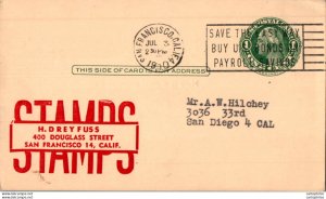 US Postal stationery 1c San Francisco Stamps Dreyfuss to San Diego