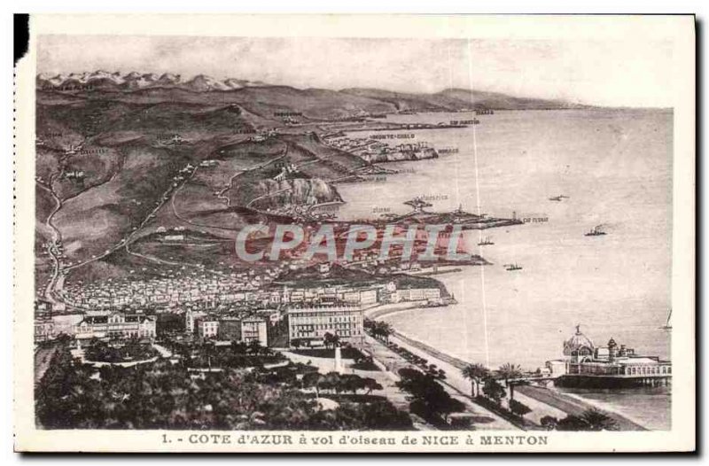 Old Postcard Cote d & # 39Azur a theft & # 39Oiseau of Nice Menton