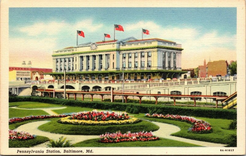 Vintage Pennsylvania Station Railroad Train Baltimore Maryland MD Linen Postcard