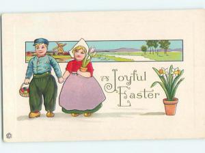 Unused Divided-Back Easter DUTCH KIDS CARRY POTTED FLOWER AND EGG BASKET o6644