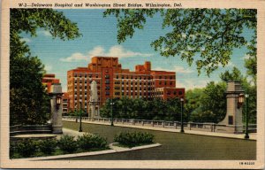 Vtg 1940s Delaware Hospital and Washington Street Bridge DE Linen Postcard