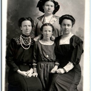 c1910s Group Women Girls Portrait RPPC Stoic Ladies Edwardian Hair Fashion A192