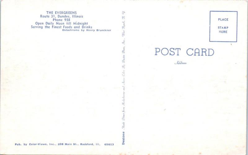 DUNDEE, IL Illinois   The EVERGREENS BAR & Restaurant  c1950s Roadside  Postcard