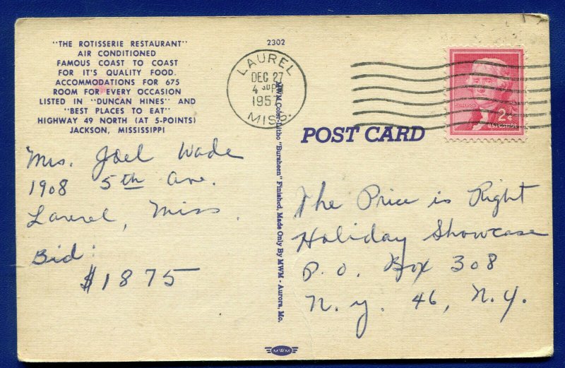 The Rotisserie Restaurant Jackson Mississippi ms old linen postcard