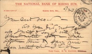 Rising Sun MD National Bank Postal Card Used 1900