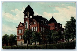1910 High School Building Exterior View Jackson Michigan Unposted Trees Postcard