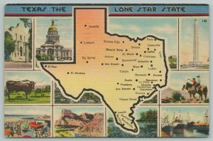 Texas~State Map~1940s Linen Postcard