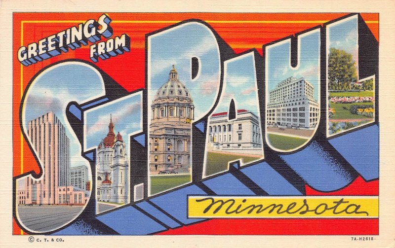 Large Letter: Greetings from St. Paul, Minnesota, Early Linen Postcard, Used