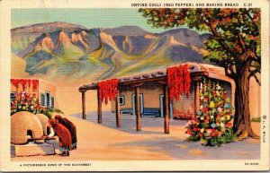 New Mexico Drying Chili Peeppers and Baking Bread 1940 Curteich