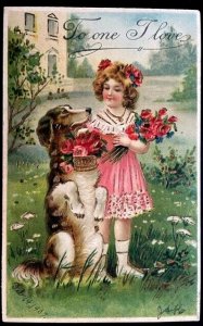 Vintage Victorian Postcard 1907 To the One I Love - Girl and Her Dog