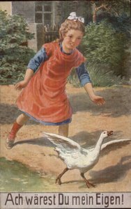 Little Girl Chasing Goose Ach Warest Du Mein Eigen! c1910 Postcard