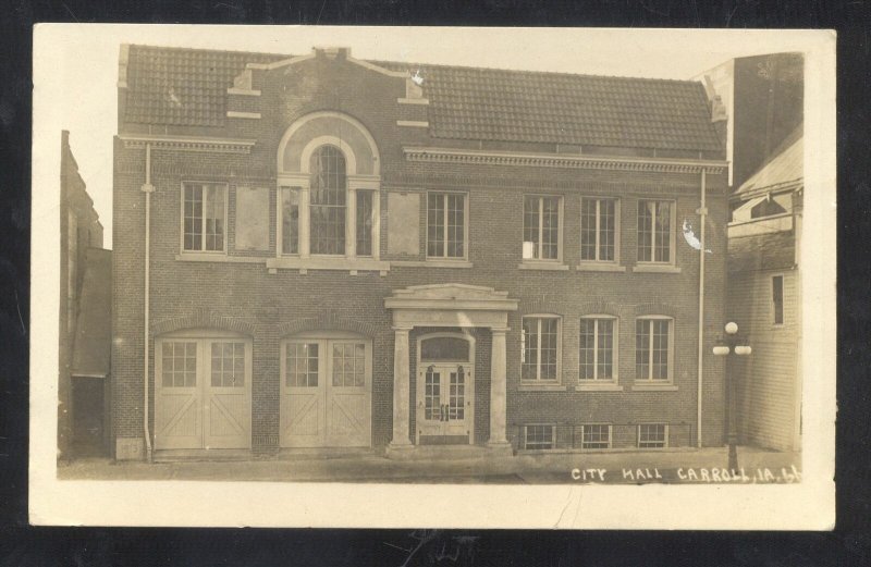 RPPC CARROLL IOWA CITY HALL FIRE STATION POLICE 1915 REAL PHOTO POSTCARD IA.