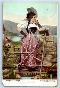 Switzerland Postcard Woman in Bernese Costume Standing in Bridge 1902