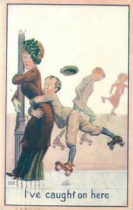 Artist impression 1913 man skates holding on surprised well dressed woman 4276