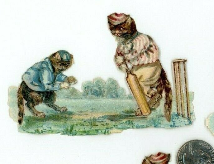 1870's-80's Lovely Cats Anthropomorphic Sport Lot Of 3 Victorian Die Cut X86