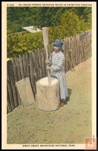 An Indian Woman Grinding Maize in Primitive Fasion, Great Smoky Mountains Nat...