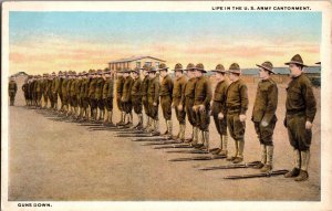 Life in U.S. Army Cantonment,Soldiers at Attention, Guns Down Vtg Postcard N59