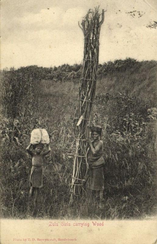 south africa, ZULULAND, Native Zulu Girls carrying Wood (1904) Postcard, Stamp