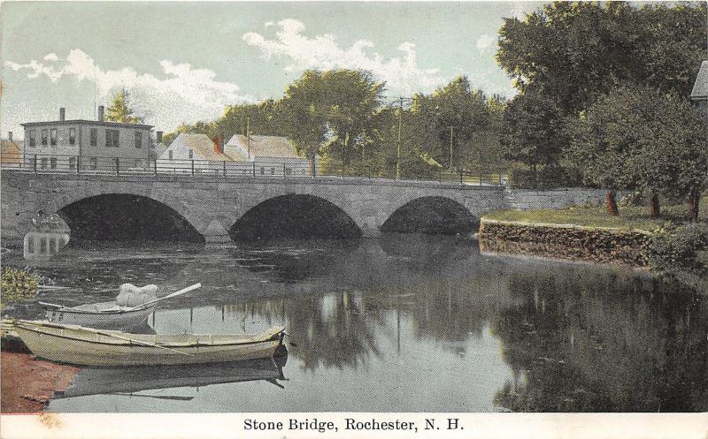 Rochester New Hampshire~Stone Bridge on Cocheco River~Row Boats~Houses~c1910 Pc