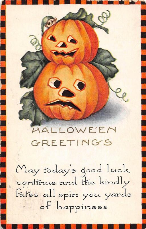 E22/ Halloween Holiday Postcard 1924 Jack-O-Lantern Jester Checkerboard 2