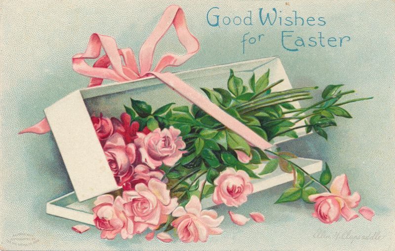 Easter Greetings - Good Wishes - Box of Roses - a/s Clapsaddle - DB