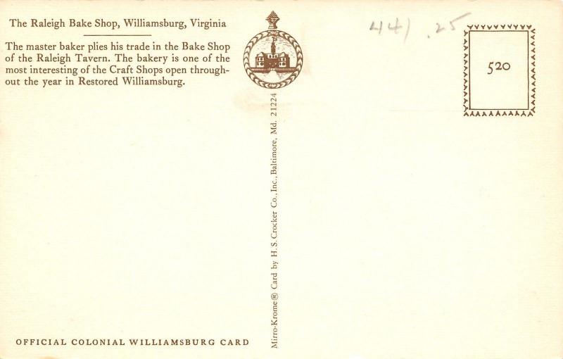 Williamsburg Virginia~The Raleigh Bake Shop~1960 Postcard