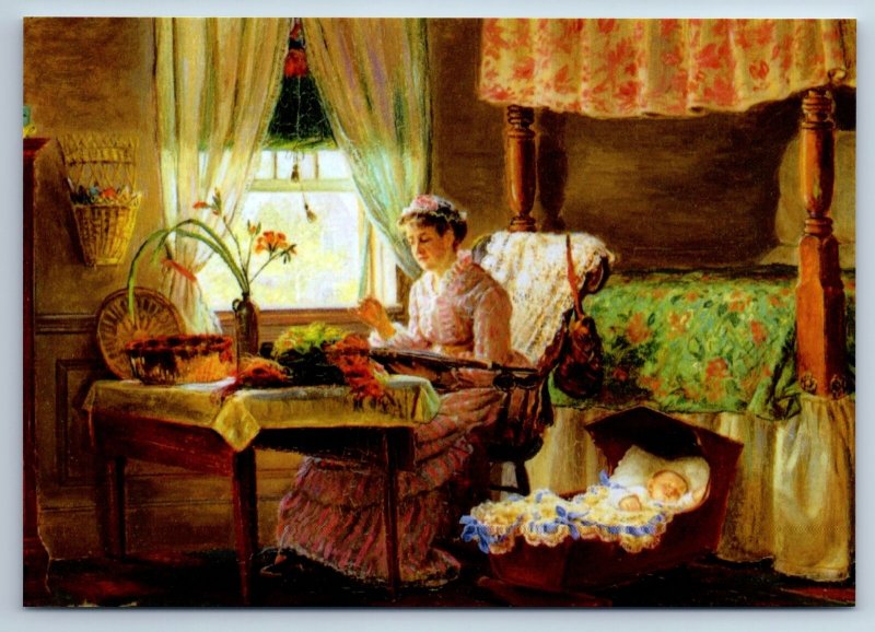 WOMAN sews near Window BABY in Cradle Interior New Unposted Postcard