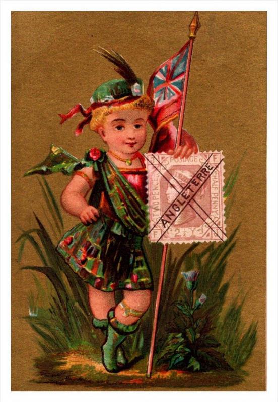 Angleterre   Stamp, Flag, Girl   Victorian Philatelic Trade Card