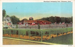 OTTUMWA, Iowa IA  MUNICIPAL SWIMMING POOL~Twin Slides ROADSIDE c1940's Postcard