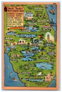c1950's Map View of State of Florida's Colorful Attractions Vintage Postcard